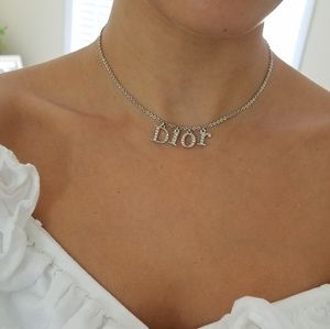 AUTH CHRISTIAN DIOR CRYSTAL LOGO NECKLACE